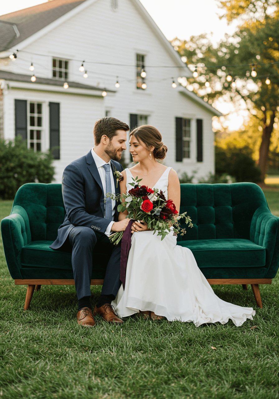Romantic couple portrait on plush green velvet furniture in outdoor farmhouse wedding lounge setting