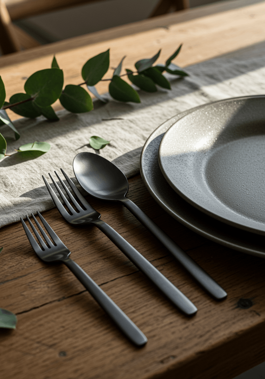 Sophisticated matte black flatware and raw stoneware place setting on weathered wooden farmhouse table