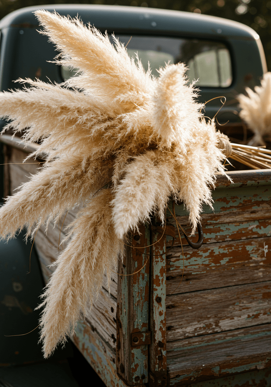 Close-up of fluffy cream pampas grass cascading over weathered wooden truck bed at rustic farm venue