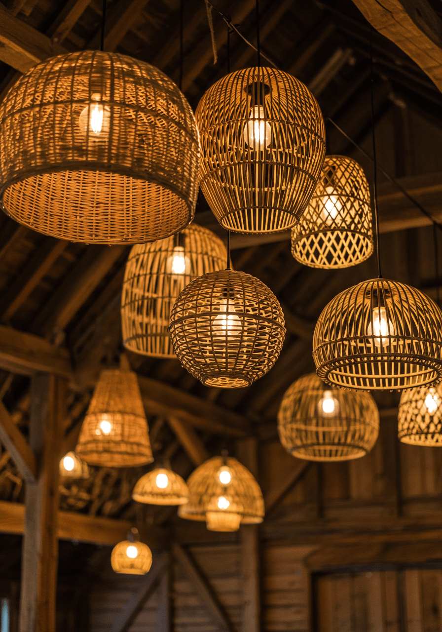 Multiple woven rattan lanterns in spherical and cylindrical shapes suspended from wooden beams above empty dance floor