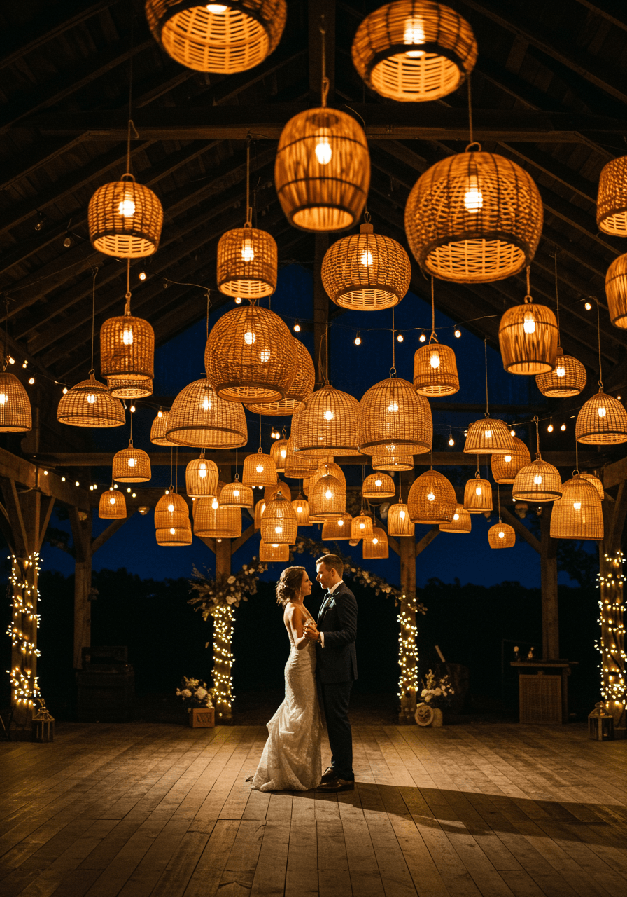 Couple dancing beneath suspended rattan lanterns of varying sizes over rustic barn dance floor at twilight