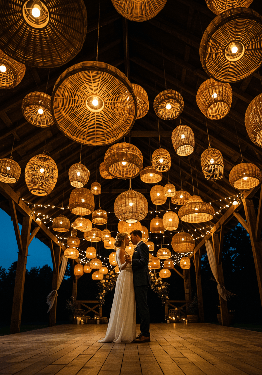 Romantic first dance under glowing rattan lantern installation in converted barn wedding venue