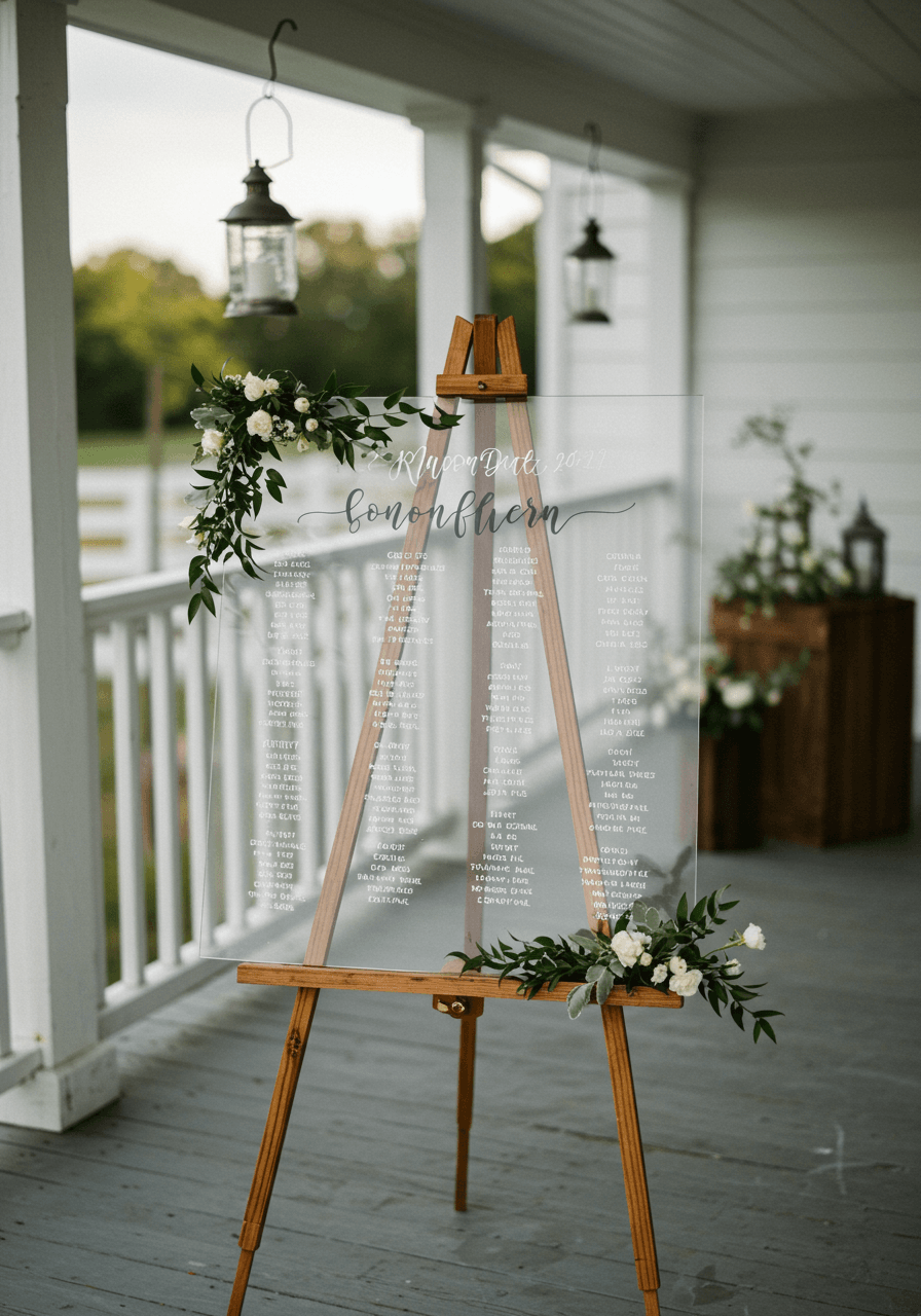 Crystal-clear acrylic seating chart with black calligraphy on vintage wooden tripod beside white farmhouse porch