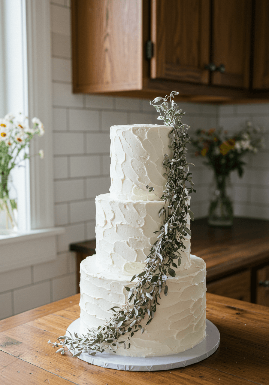 Three-tiered white wedding cake with textured buttercream and cascading bleached dried ruscus on rustic wooden table