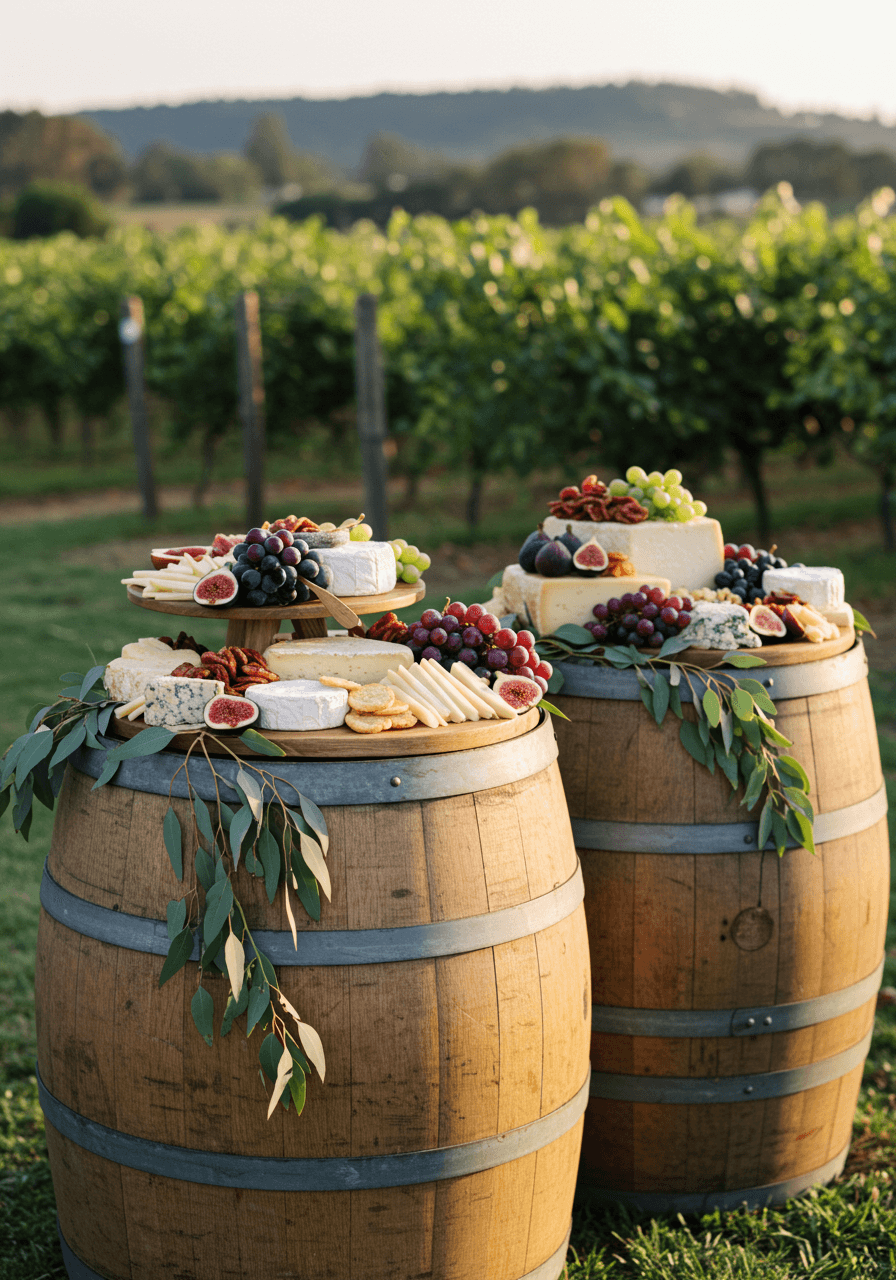 Artisanal cheese and charcuterie grazing table arranged on wine barrels with eucalyptus runners in vineyard setting