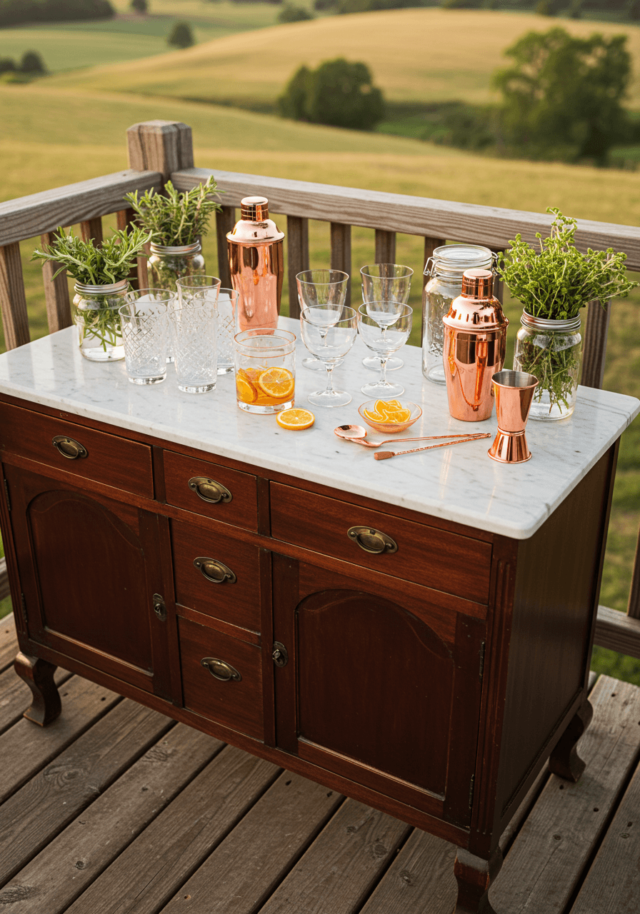 Elegant vintage oak sideboard transformed into interactive cocktail bar with marble top and countryside views