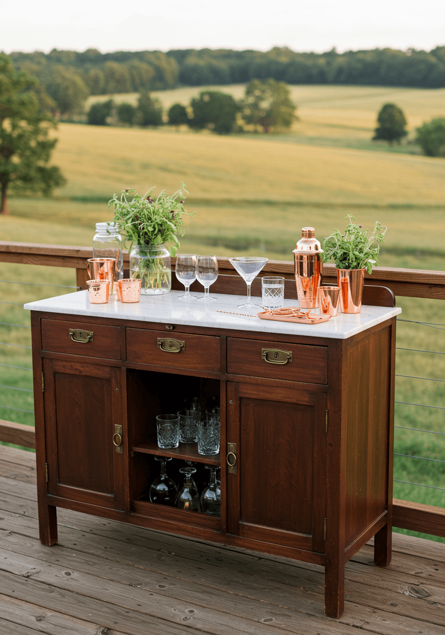 Repurposed vintage mahogany sideboard cocktail bar with brass hardware on rustic deck overlooking farmland