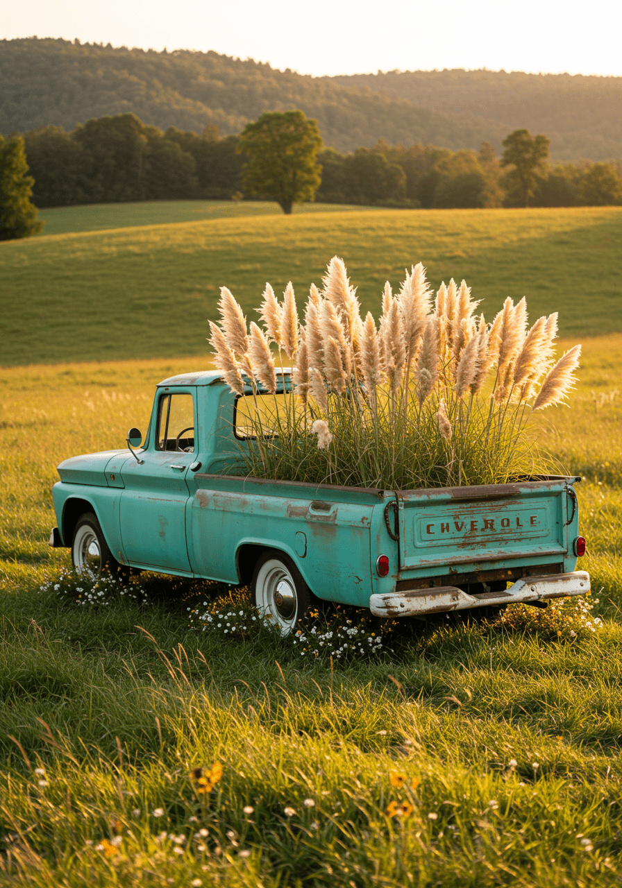Restored vintage pickup truck filled with feathery cream pampas grass plumes in sun-drenched countryside meadow