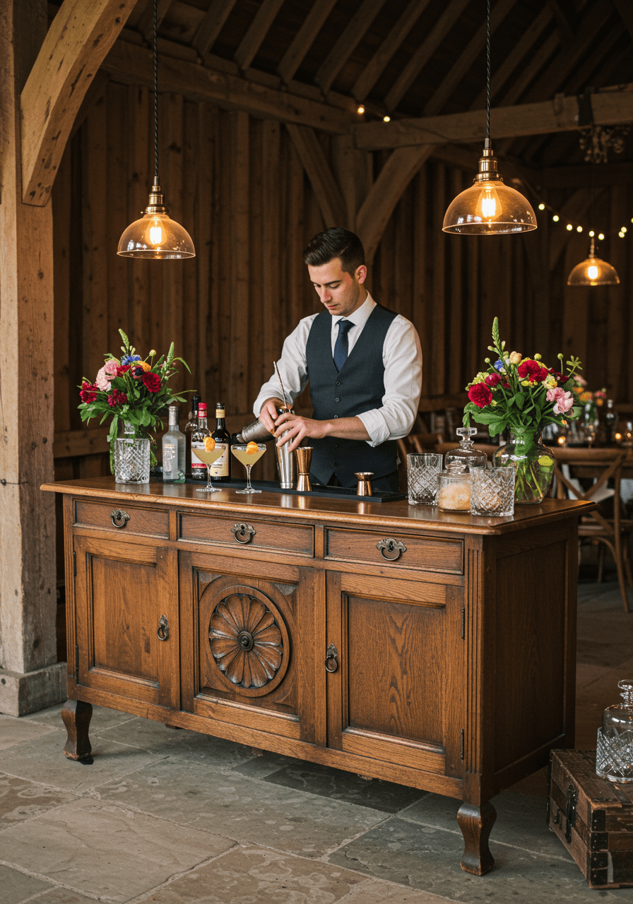 Skilled bartender preparing artisanal cocktails at restored vintage oak sideboard bar in rustic barn venue