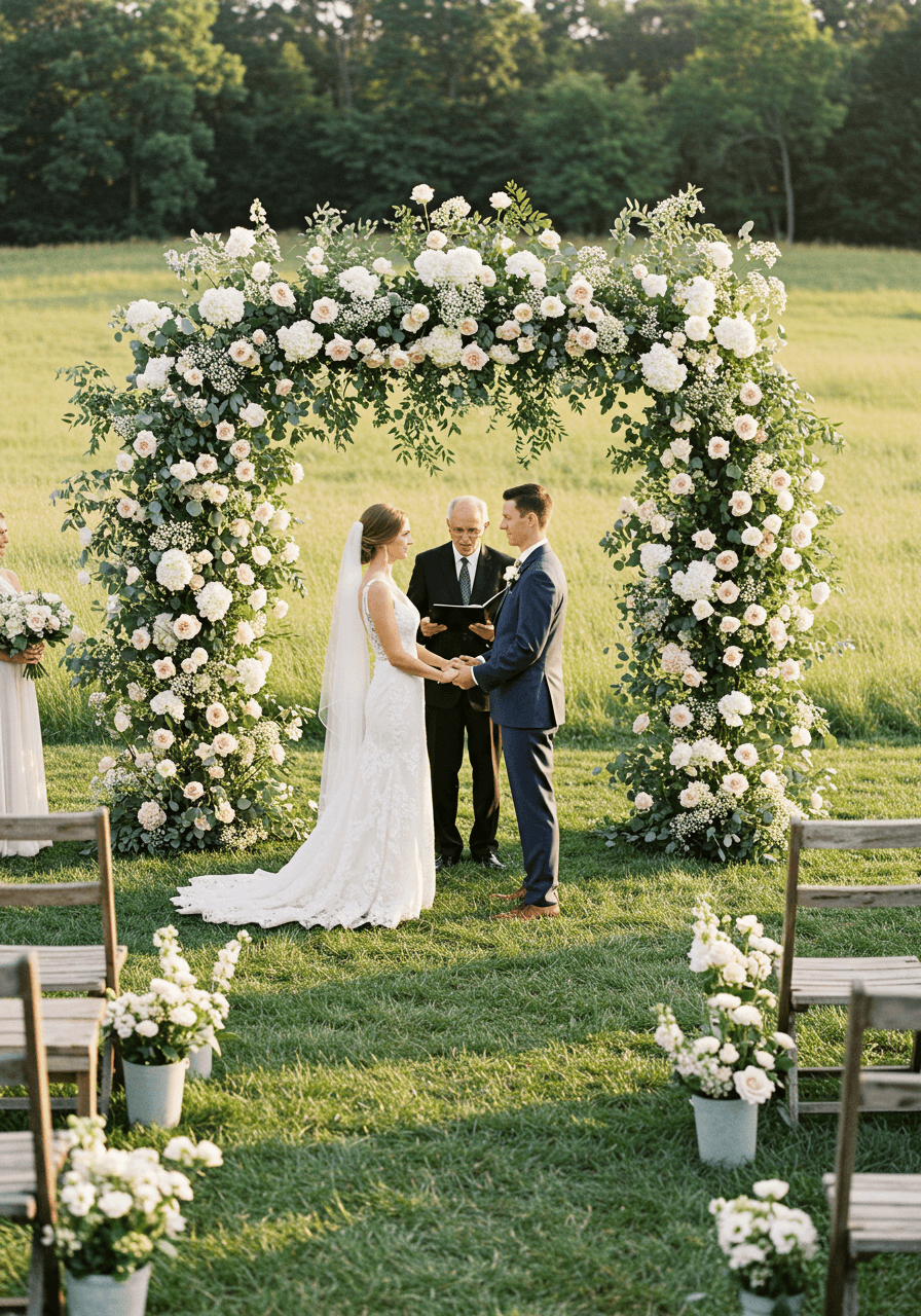 Ethereal grounded floral installation featuring white roses and eucalyptus creating cloud-like formations for outdoor ceremony