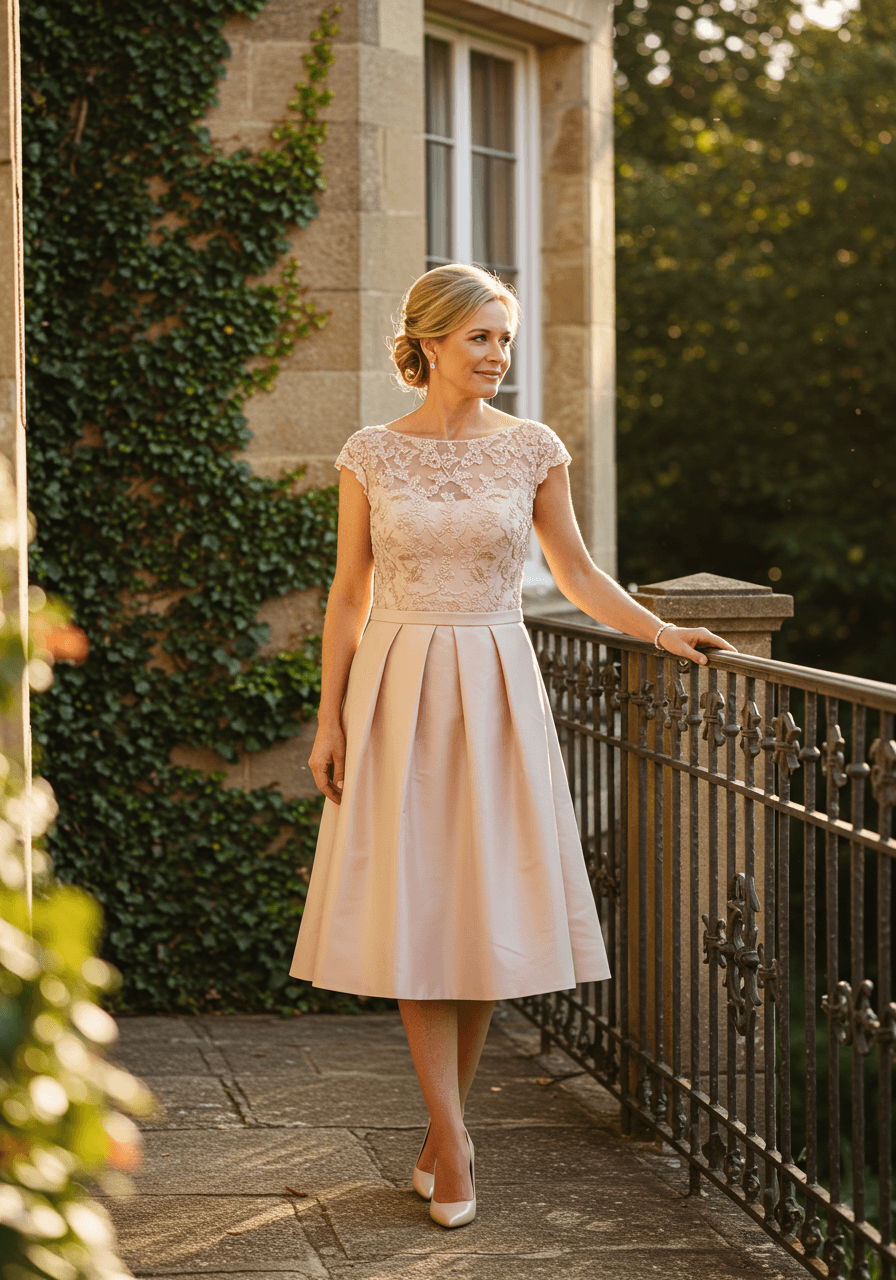Mother of the bride in blush pink tea-length dress with embroidery posing by vintage iron railing during golden hour
