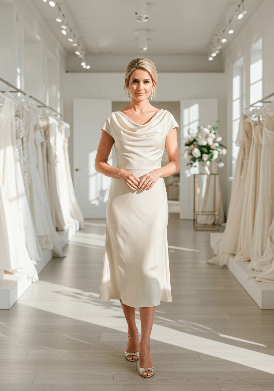 Mother of the bride in champagne minimalist crepe dress standing in modern bridal boutique with natural lighting