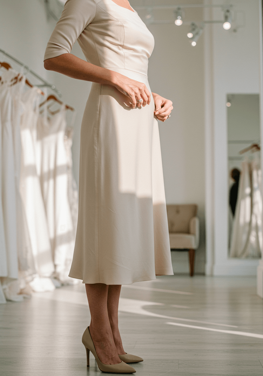 Close-up of woman adjusting champagne crepe dress fabric showing elegant drape and texture