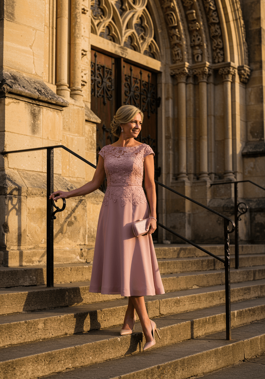 Mother of the bride in dusty rose tea-length dress with floral embroidery standing by ornate church steps
