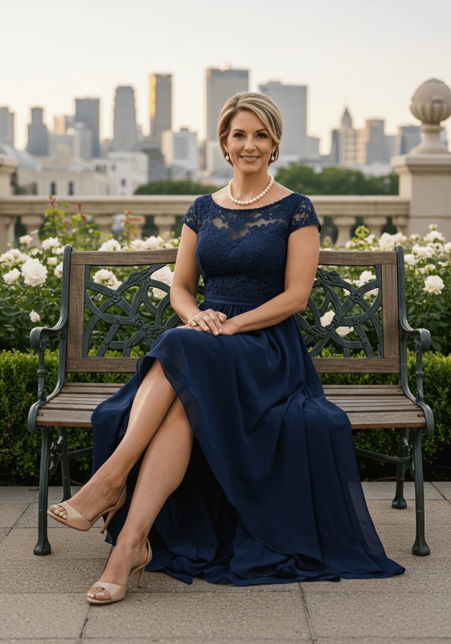 Woman in navy asymmetrical dress sitting elegantly on garden bench during golden hour lighting