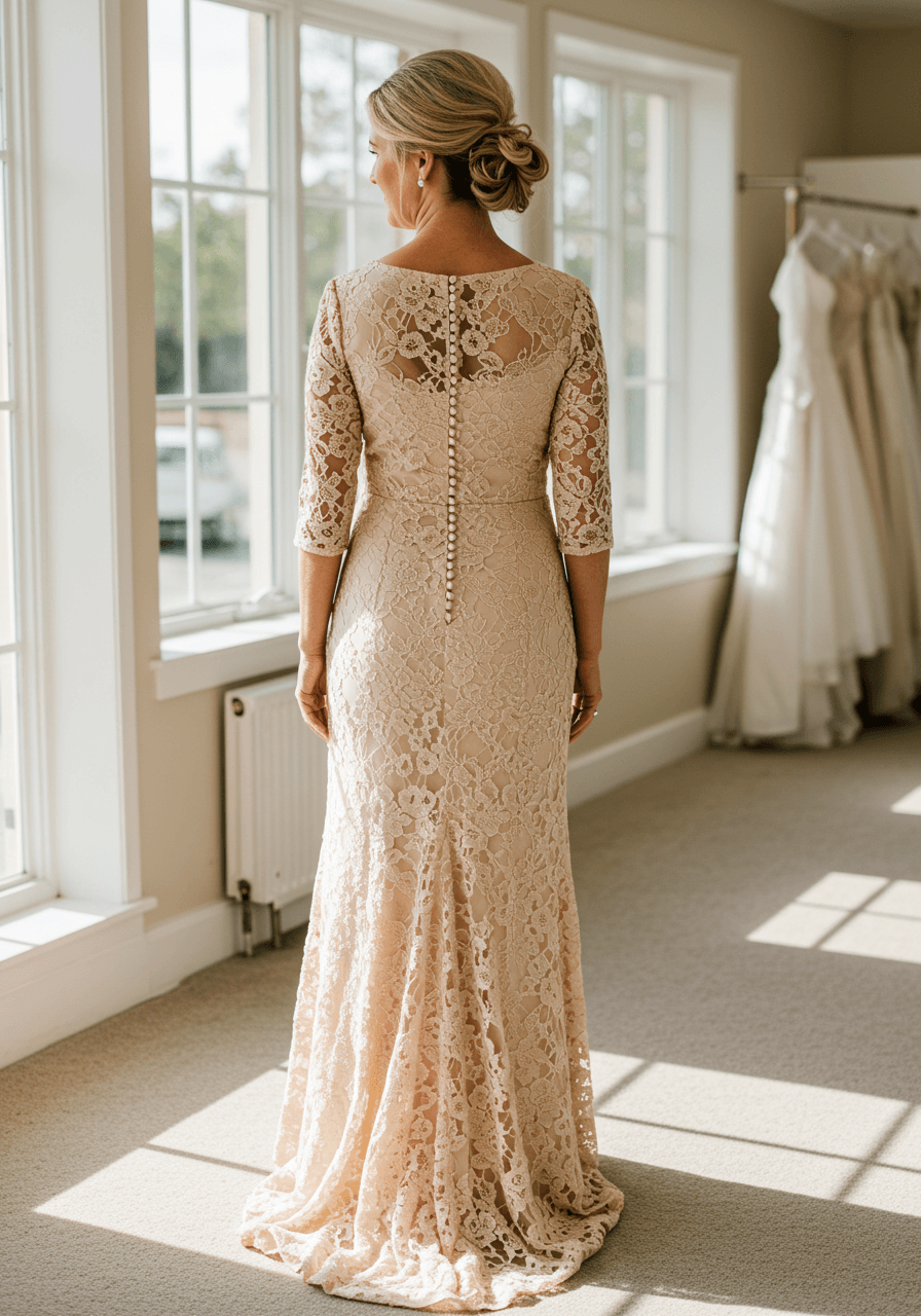 Mother of the bride in champagne Chantilly lace dress with three-quarter sleeves in sun-drenched bridal boutique
