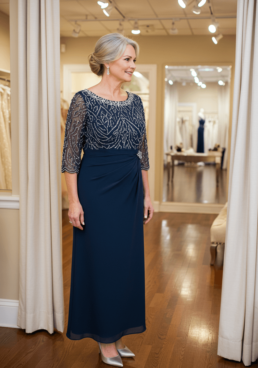 Mother of the bride in modern navy dress with silver sequins and beaded sleeves in upscale boutique interior
