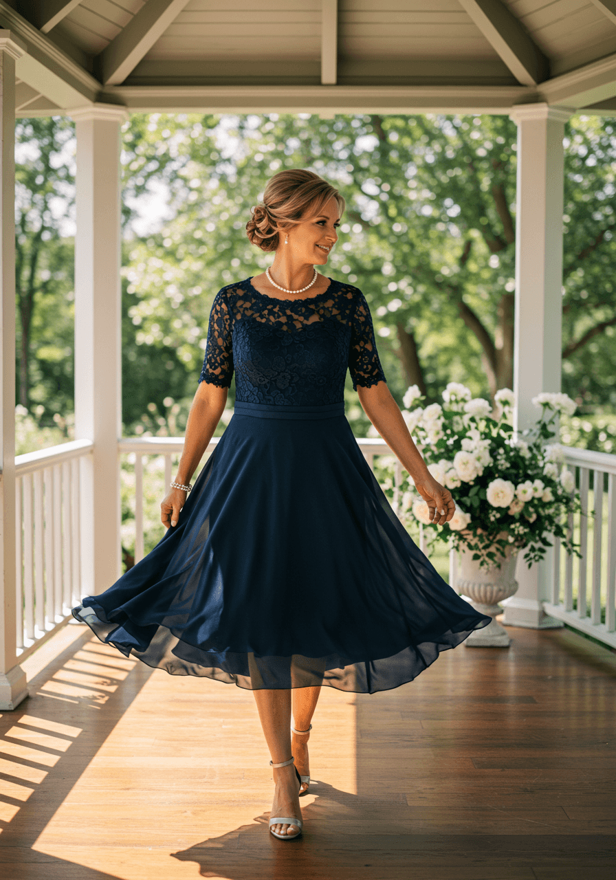 Mother of the bride in navy tea-length A-line dress with lace sleeves standing in garden pavilion with roses