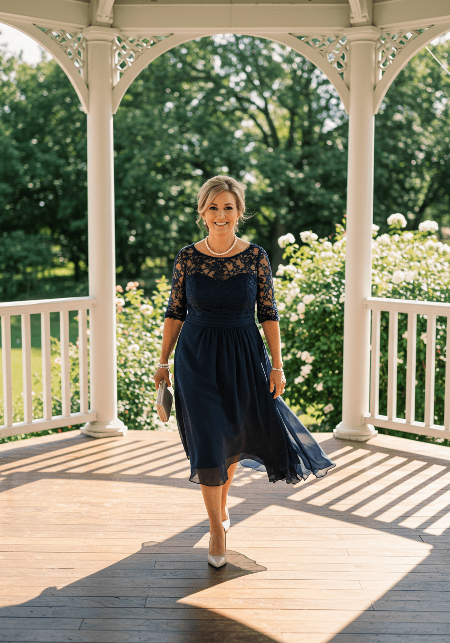 Woman in navy tea-length dress walking gracefully through sunlit garden pavilion during golden hour