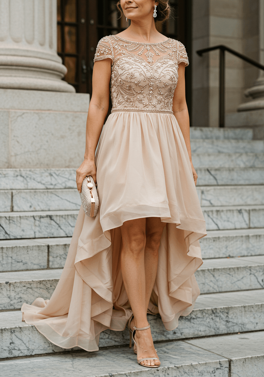 Mother of the bride in champagne beaded high-low dress with dramatic train standing on marble venue steps