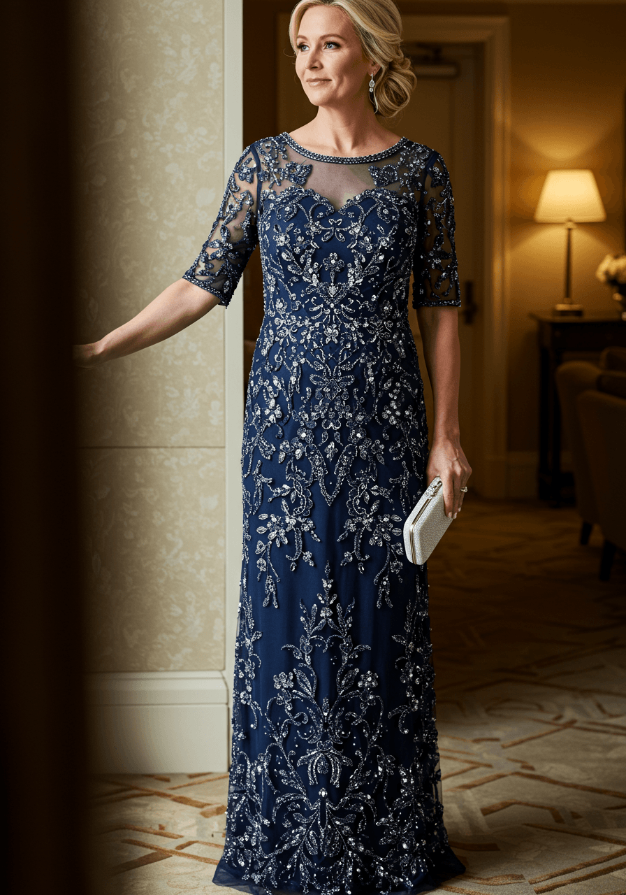 Mother of the bride in navy dress with silver beadwork and sequin embellishments in luxury hotel suite