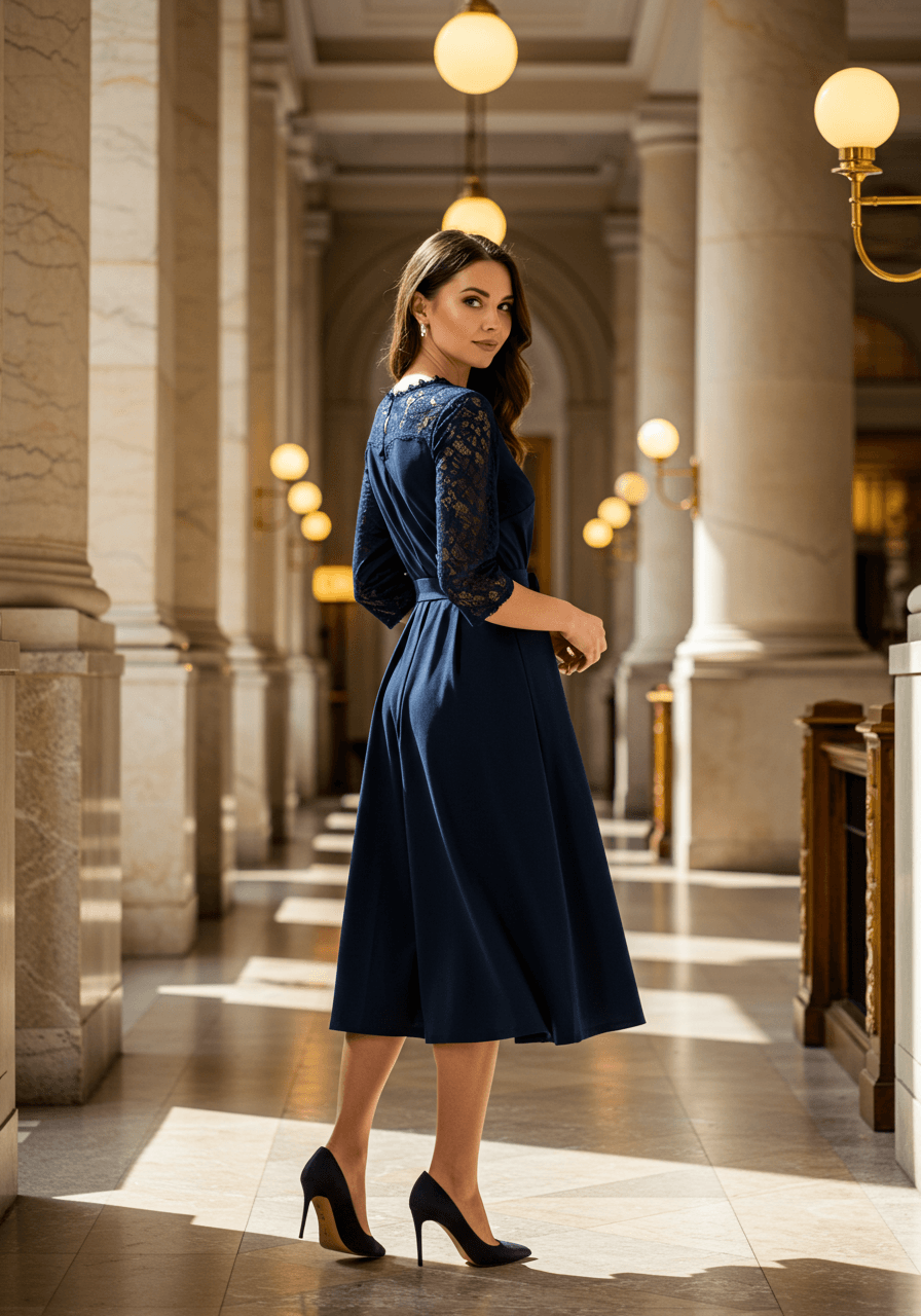 Sophisticated woman in navy blue midi dress with intricate lace neckline detail standing gracefully in luxurious hotel lobby featuring marble columns