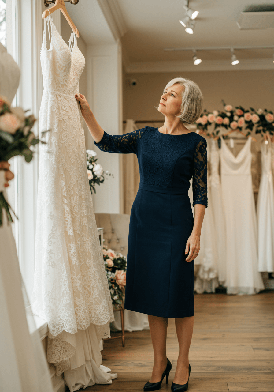 Close-up of mature woman examining wedding dress details in luxury bridal boutique setting
