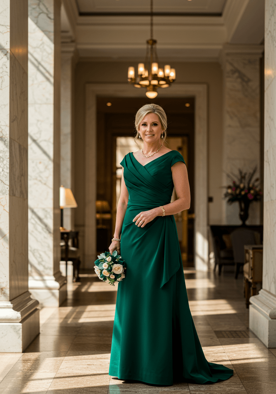 Mother of the bride in stunning deep emerald green floor-length gown standing by marble columns in hotel lobby
