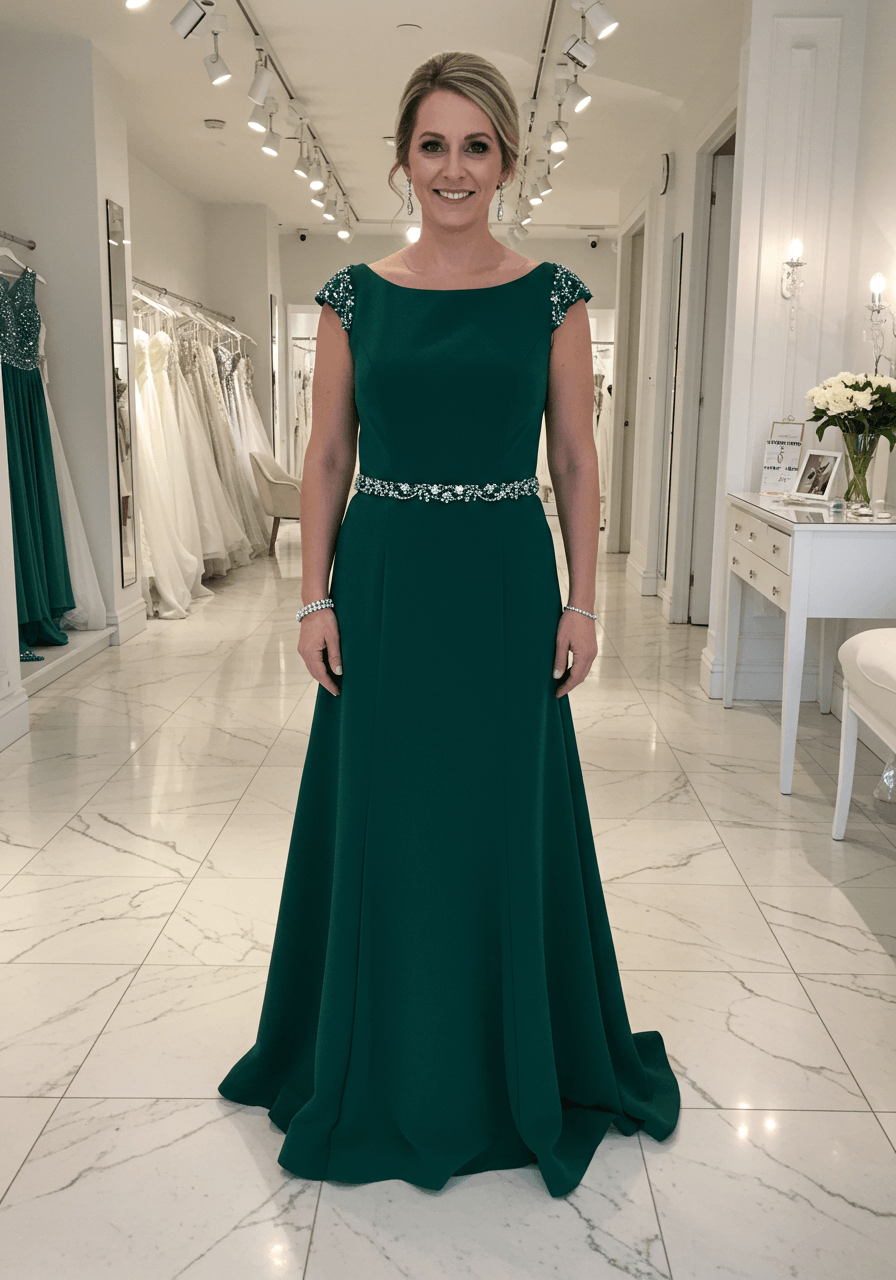 Mother of the bride in emerald green fit and flare dress posing confidently in modern bridal boutique