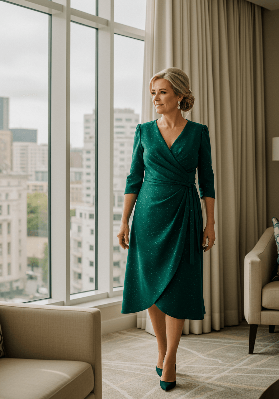Mother of the bride in emerald green wrap-style midi dress standing by floor-to-ceiling windows in hotel suite