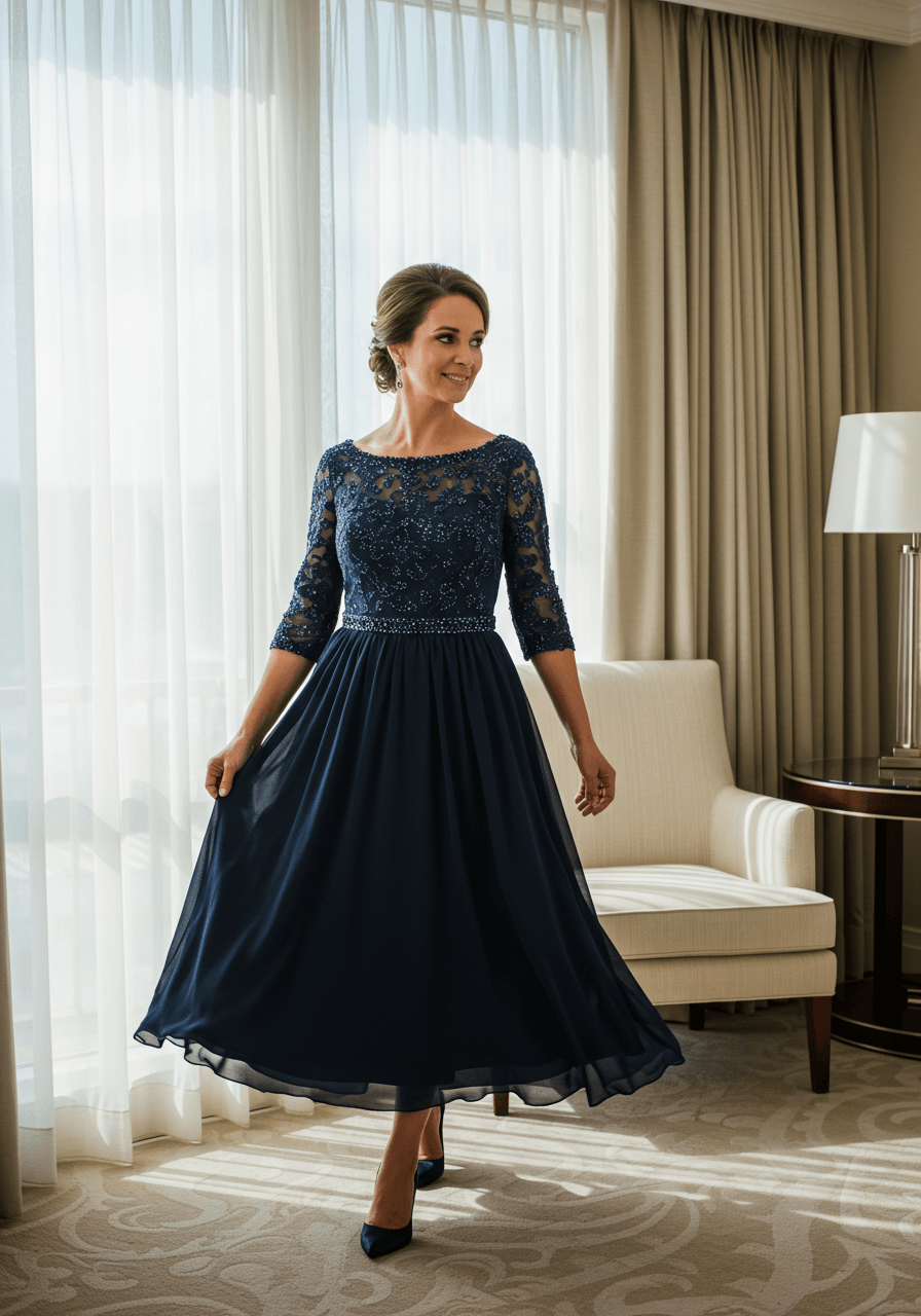 Mother wearing contemporary navy blue A-line gown with three-quarter sleeves standing by floor-to-ceiling windows