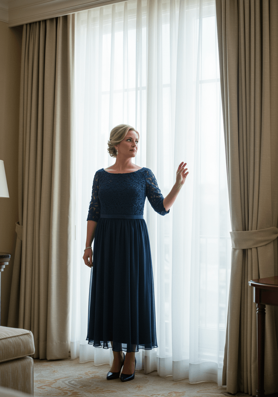 Close-up of navy A-line gown fabric and silhouette detail near elegant hotel suite windows