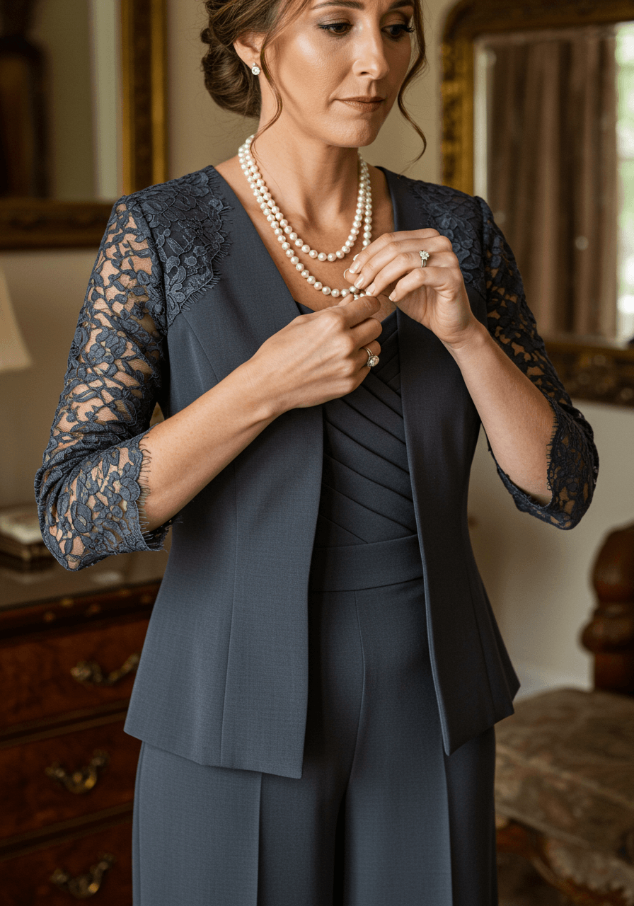 Mother of the bride in charcoal grey pantsuit with lace sleeves adjusting pearl necklace in luxury bridal suite