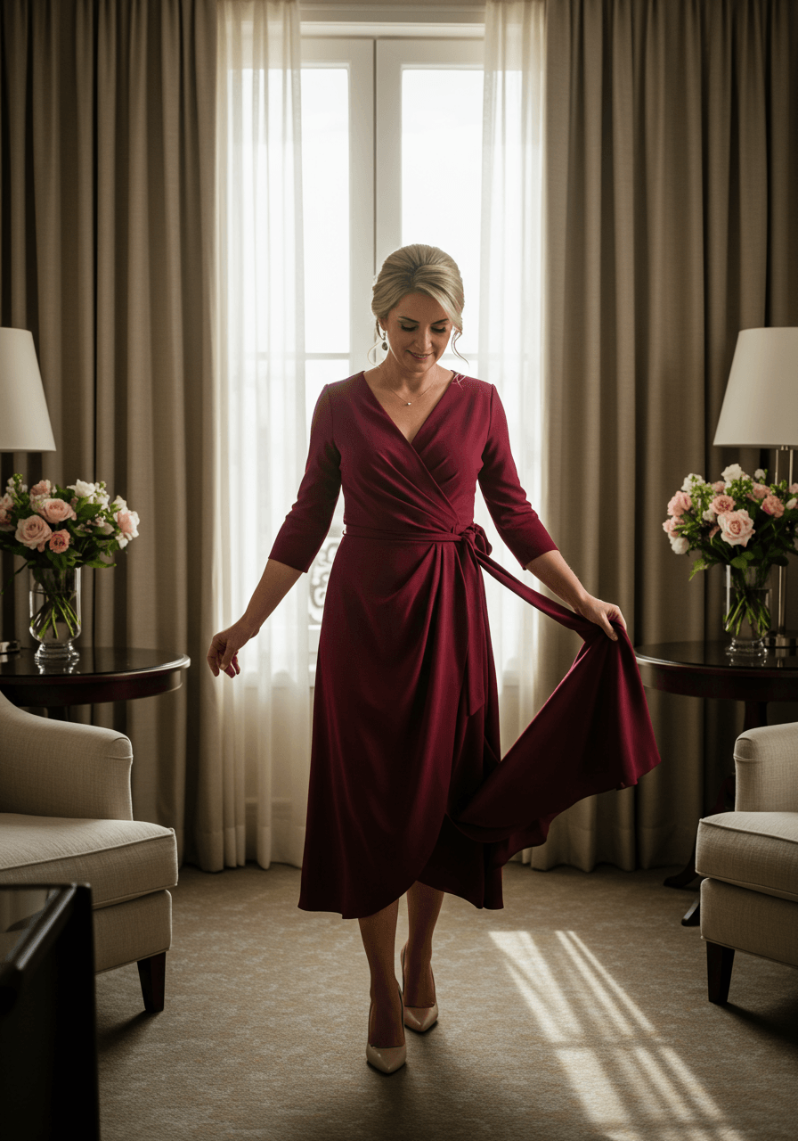 Mother of the bride in burgundy wrap dress smoothing fabric at waist in golden hour hotel room lighting