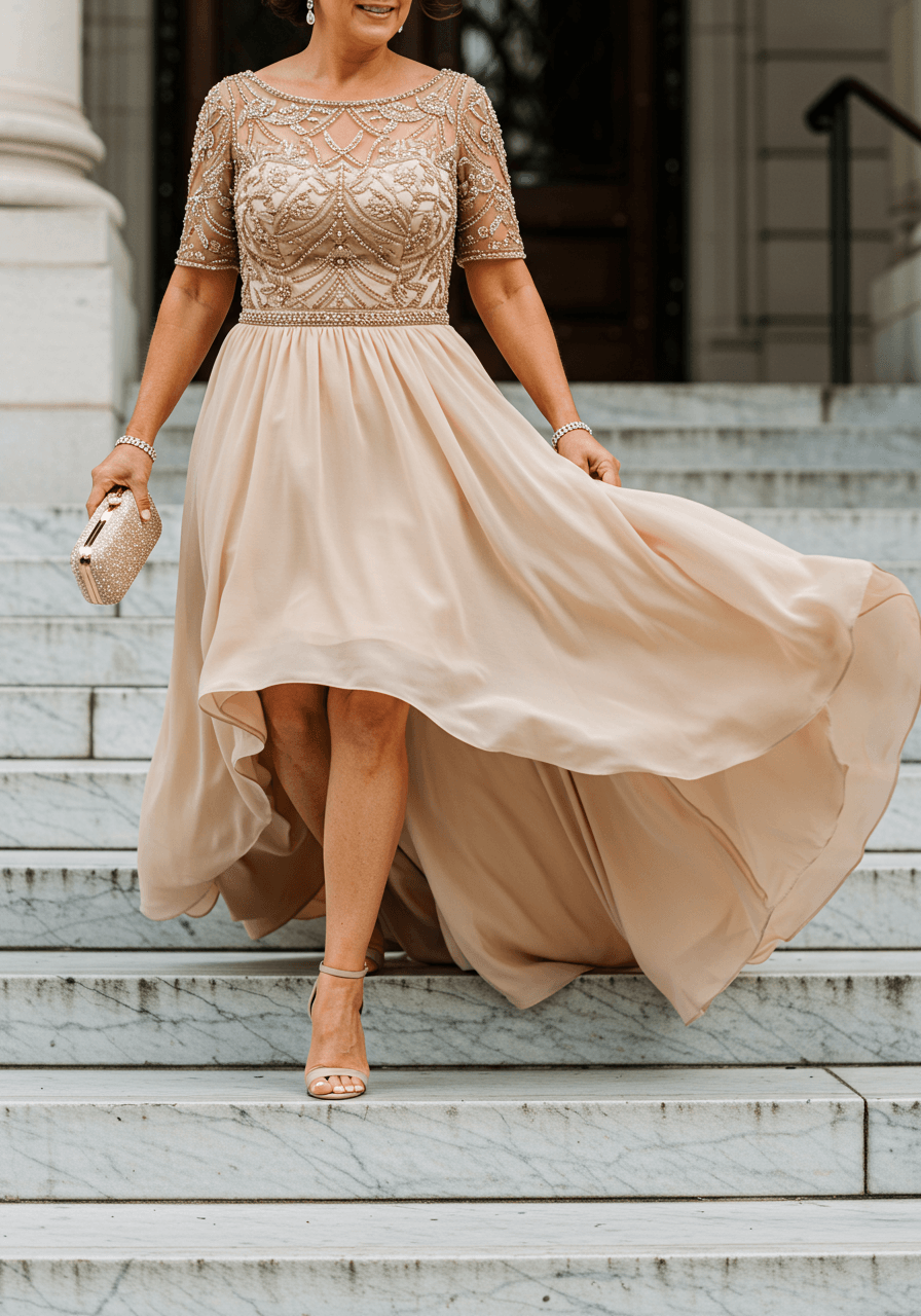 Woman in champagne high-low dress with beaded embellishments gracefully descending elegant marble steps