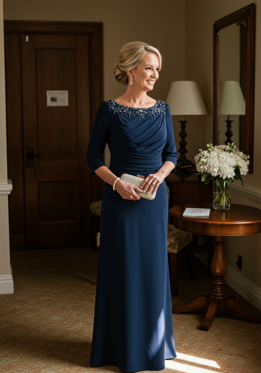 Mother of the bride in navy empire waist A-line gown holding ivory clutch purse bathed in golden hour light