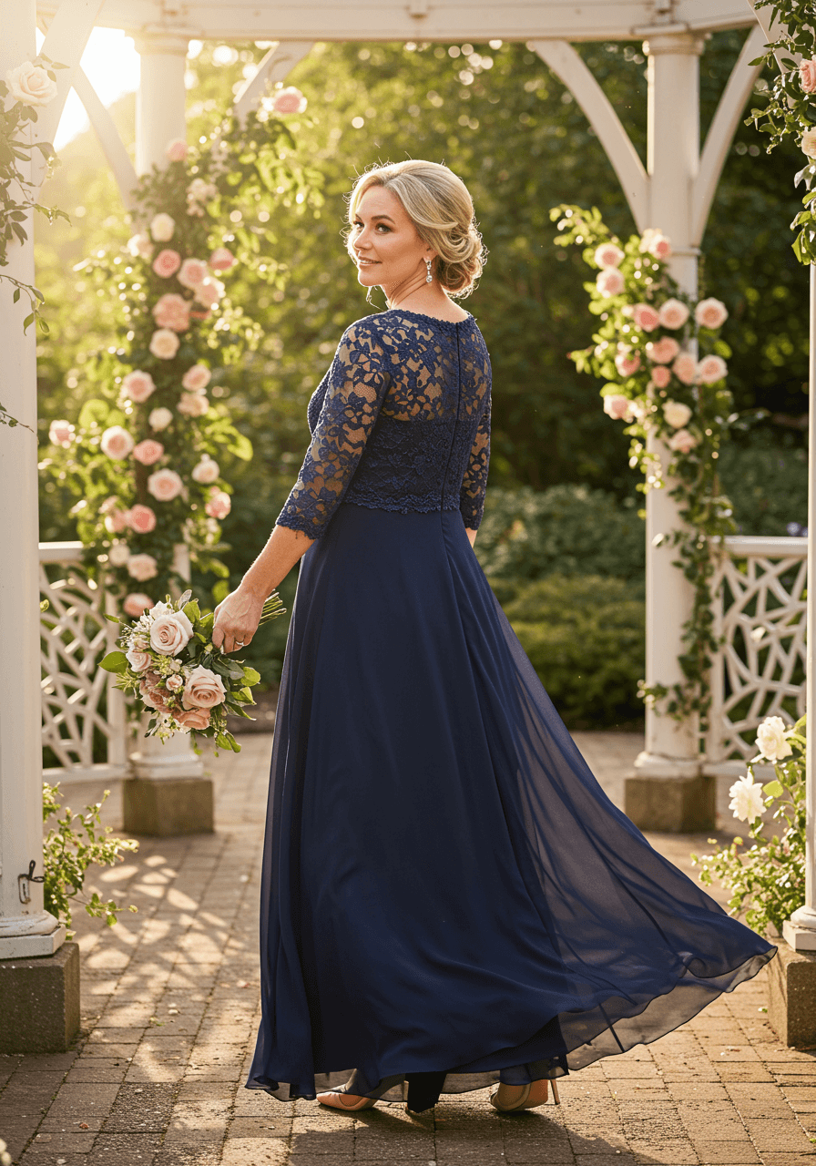 Mother of the bride in navy dress with lace sleeves standing in garden pavilion with blooming roses