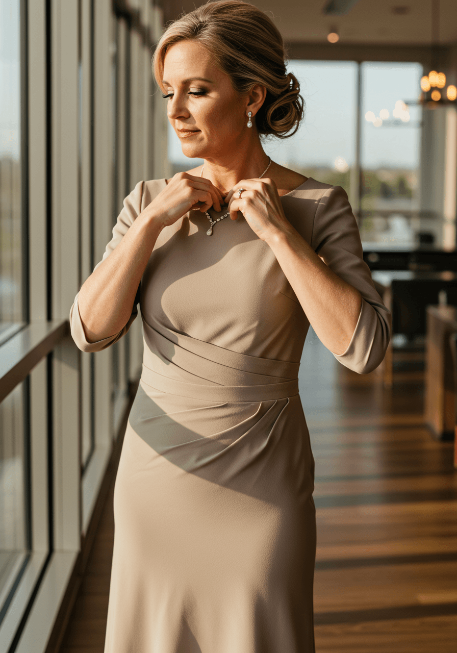 Close-up detail of woman adjusting pearl necklace whilst wearing taupe crepe dress in contemporary setting