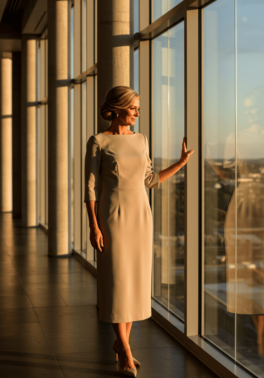 Mother of the bride in taupe minimalist crepe dress with A-line silhouette by modern venue windows