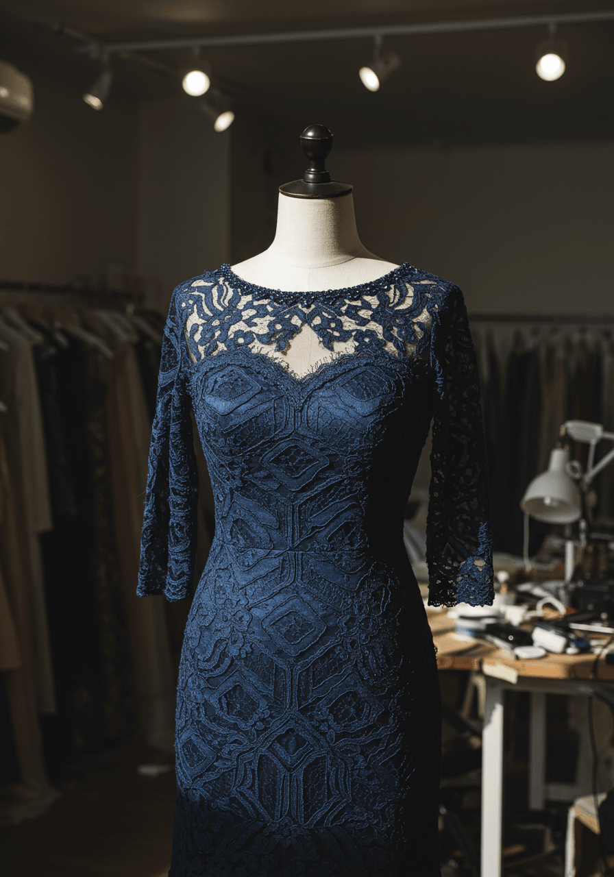 Intricate beaded Art Deco lace dress detail showing exquisite craftsmanship and luxury fabric construction