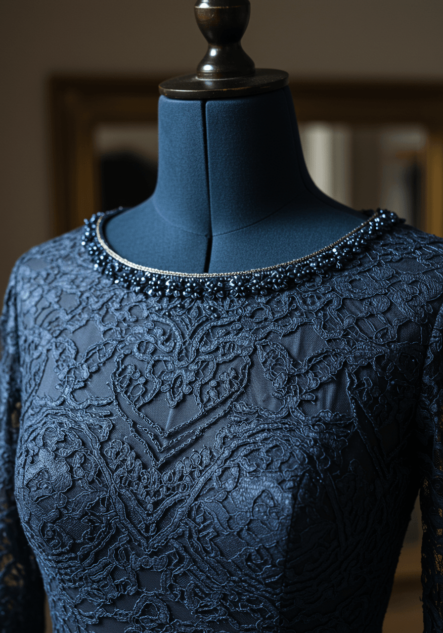 Detailed close-up of navy blue lace dress with geometric Art Deco patterns on velvet mannequin in fashion atelier