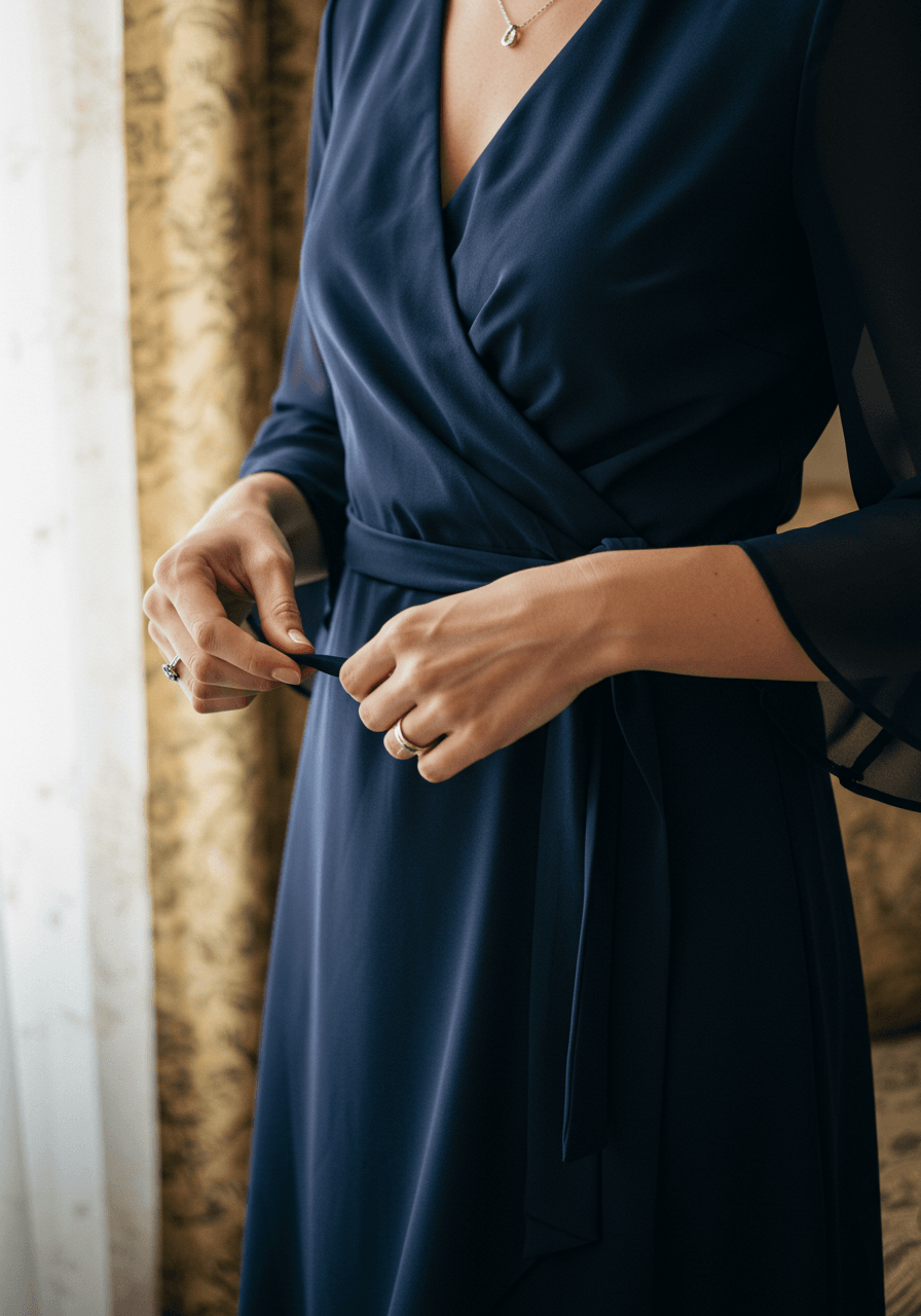 Close-up detail of hands adjusting navy blue chiffon wrap dress with flowing sleeves in luxury hotel suite