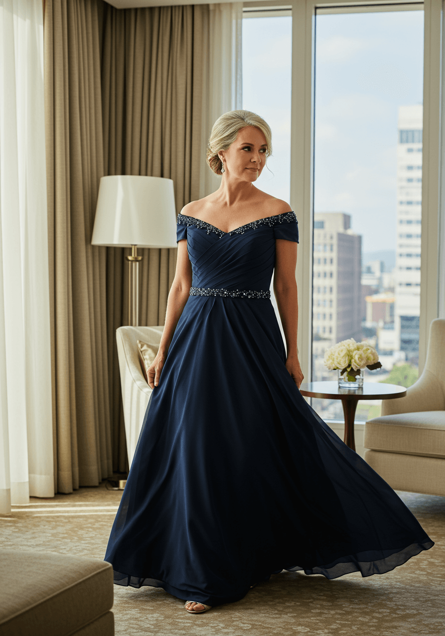 Mature woman in elegant navy blue off-shoulder dress with beaded neckline in luxury hotel suite