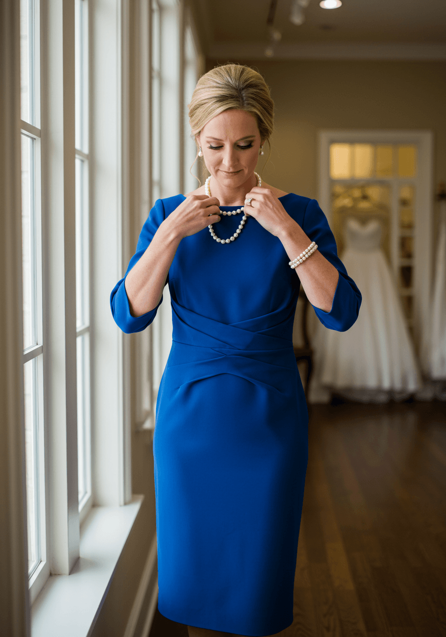 Mother of the bride in sophisticated sapphire blue midi dress adjusting pearl necklace by boutique windows