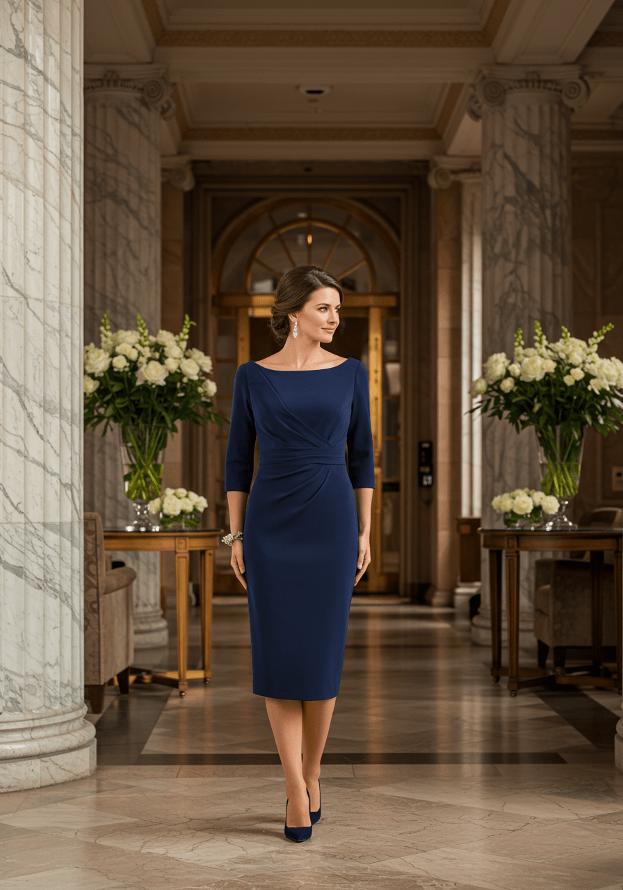 Sophisticated woman in fitted navy blue sheath dress with three-quarter sleeves standing in marble hotel lobby
