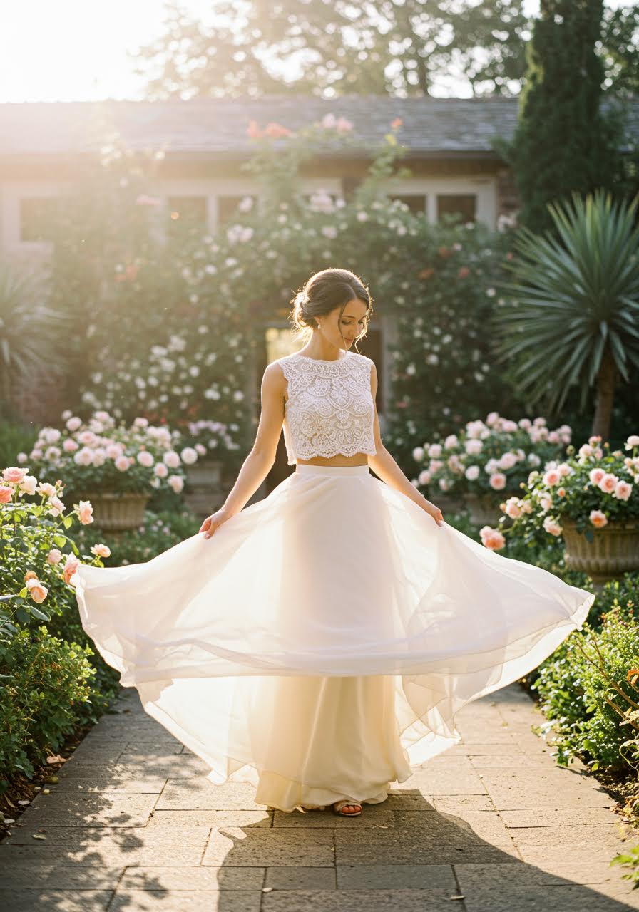 Bride twirling in two-piece wedding dress with crop top and flowing skirt in golden light