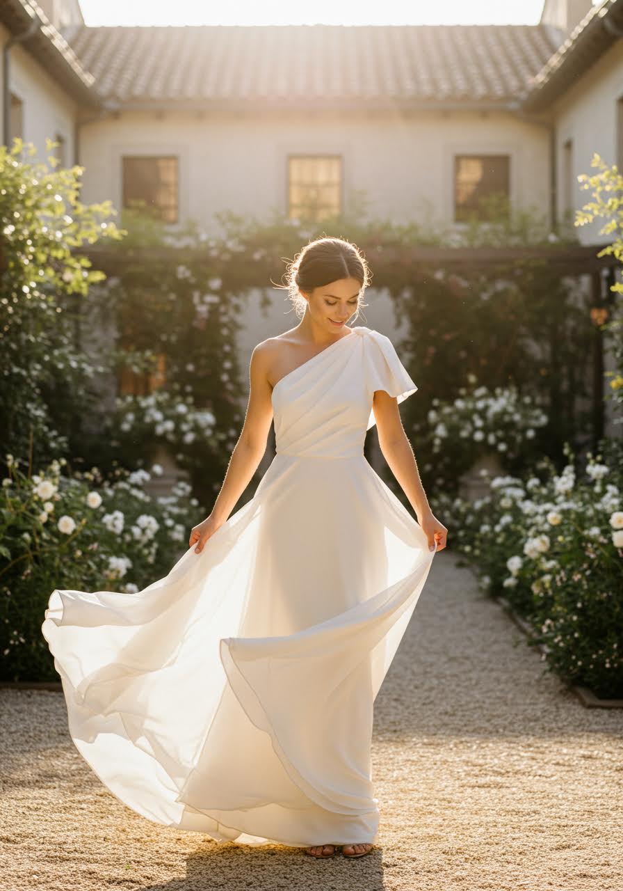 Bride in one-shoulder wedding dress posing in golden hour courtyard light