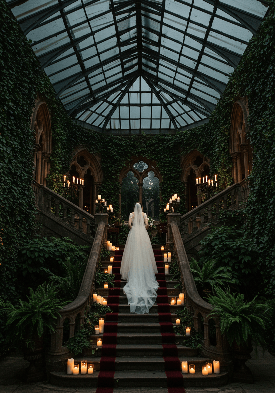 Elegant bride making dramatic descent down ivy-covered gothic stone staircase