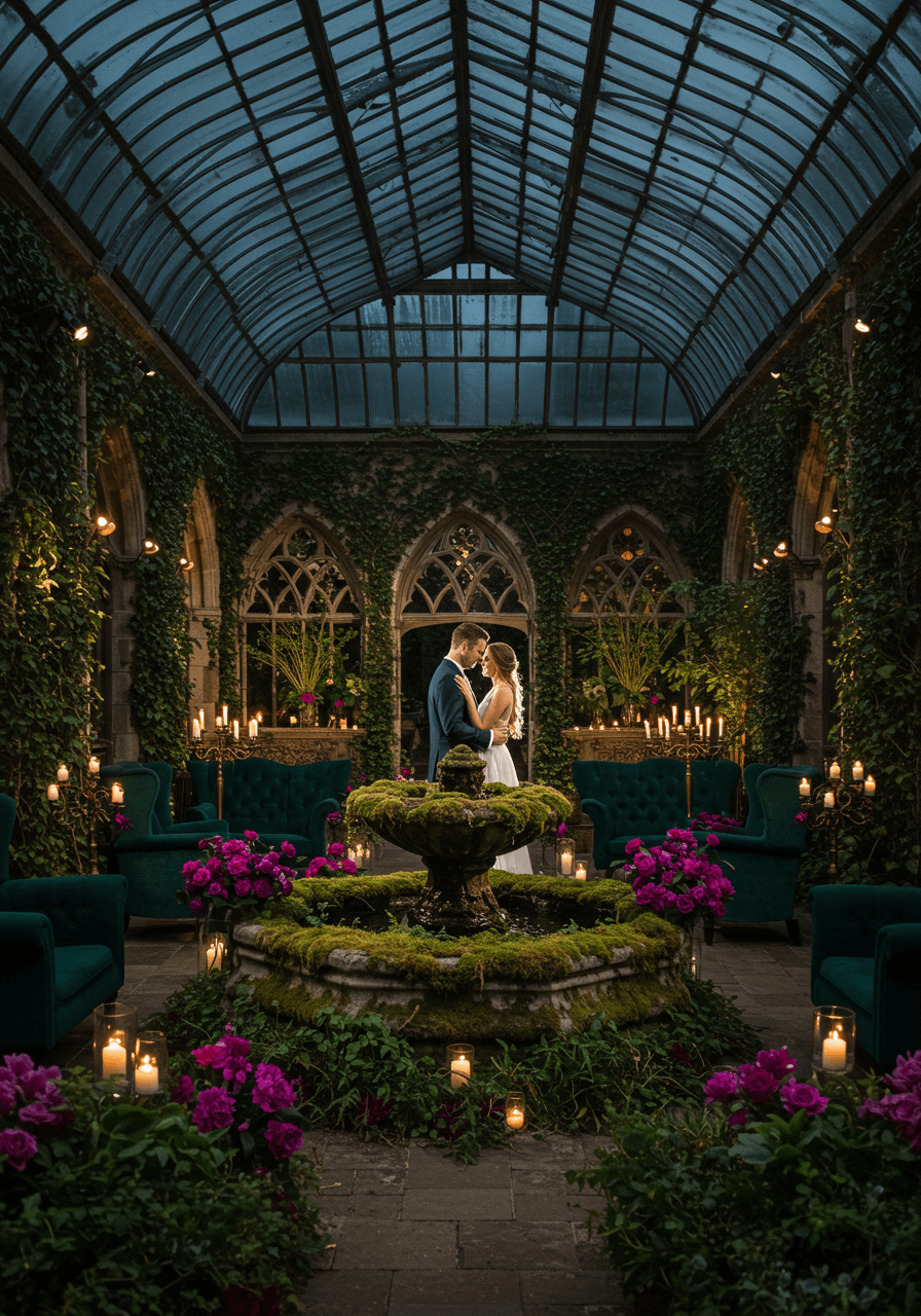 Intimate romantic embrace between couple beside ornate fountain in secluded conservatory alcove