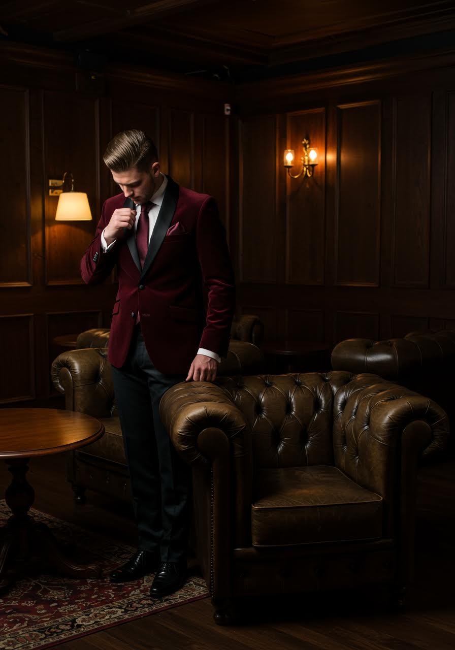 Full portrait of groom in burgundy velvet blazer with peak lapels standing in gentleman's club with mahogany wood panelling